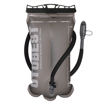 Gray hydration reservoir with black valve and hose on a white background