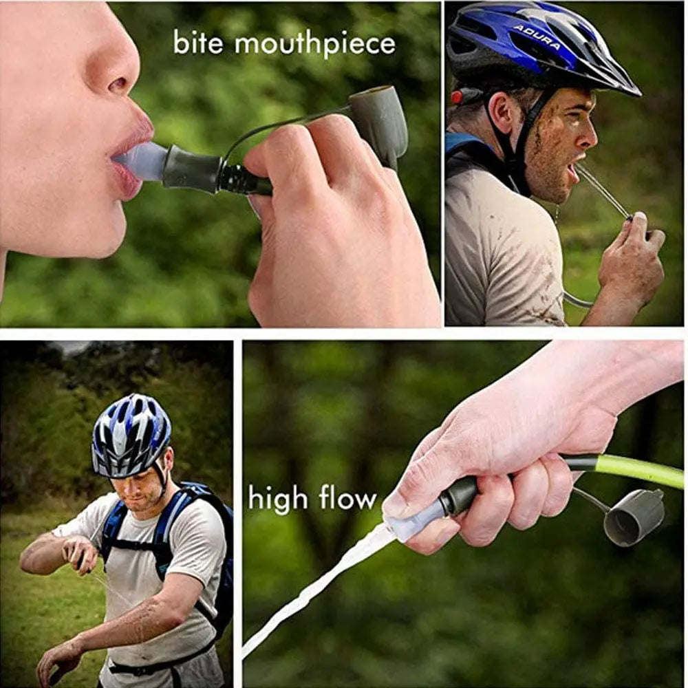 Collage of a person using a bite mouthpiece with text labels 'bite mouthpiece' and 'high flow'.