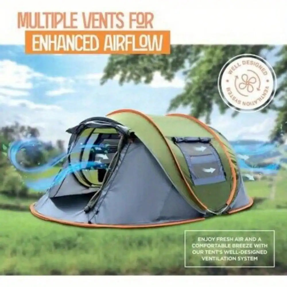 Camping tent with multiple vents for enhanced airflow, set against a scenic outdoor background.