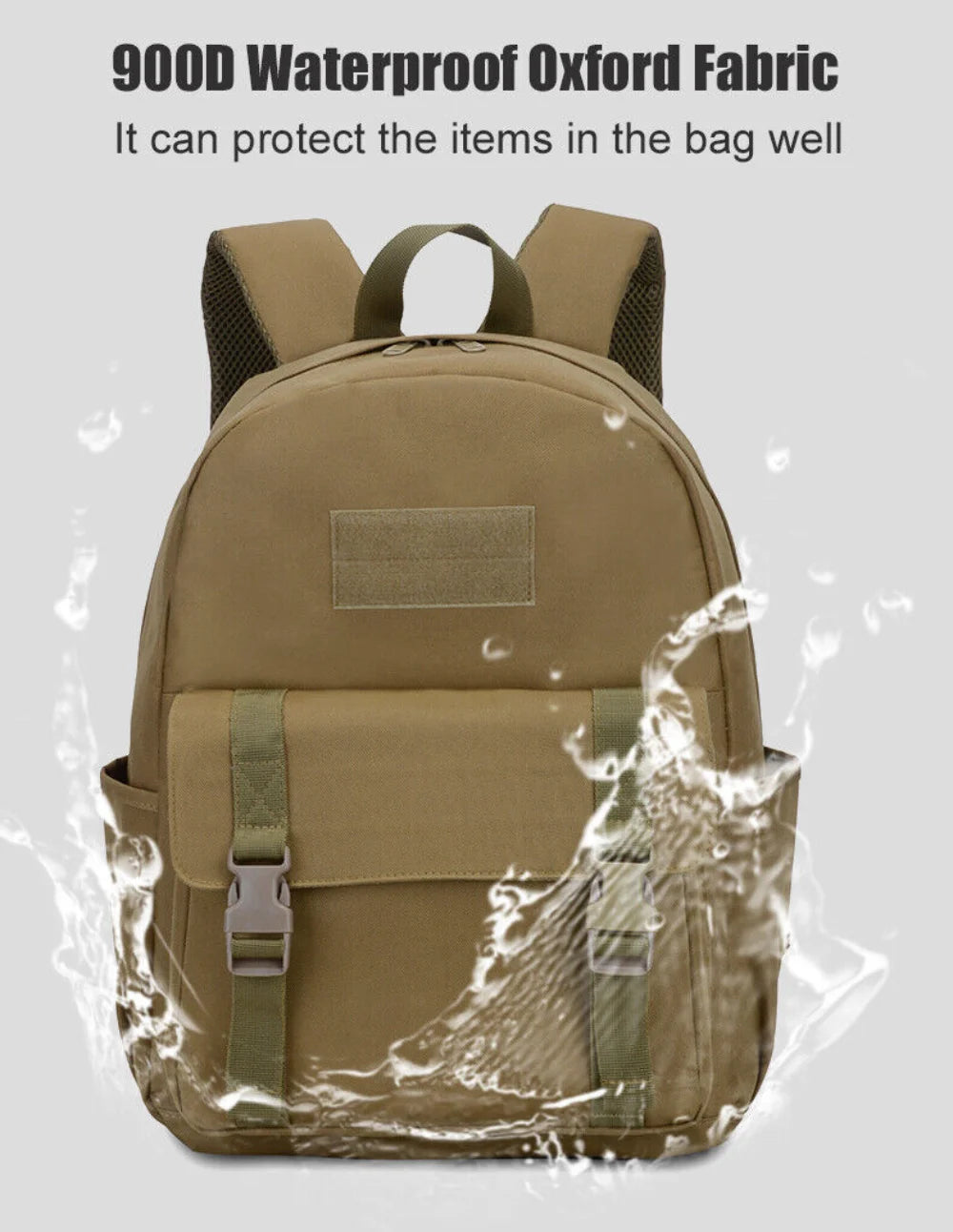 Brown backpack with water splashing around it on a light gray background