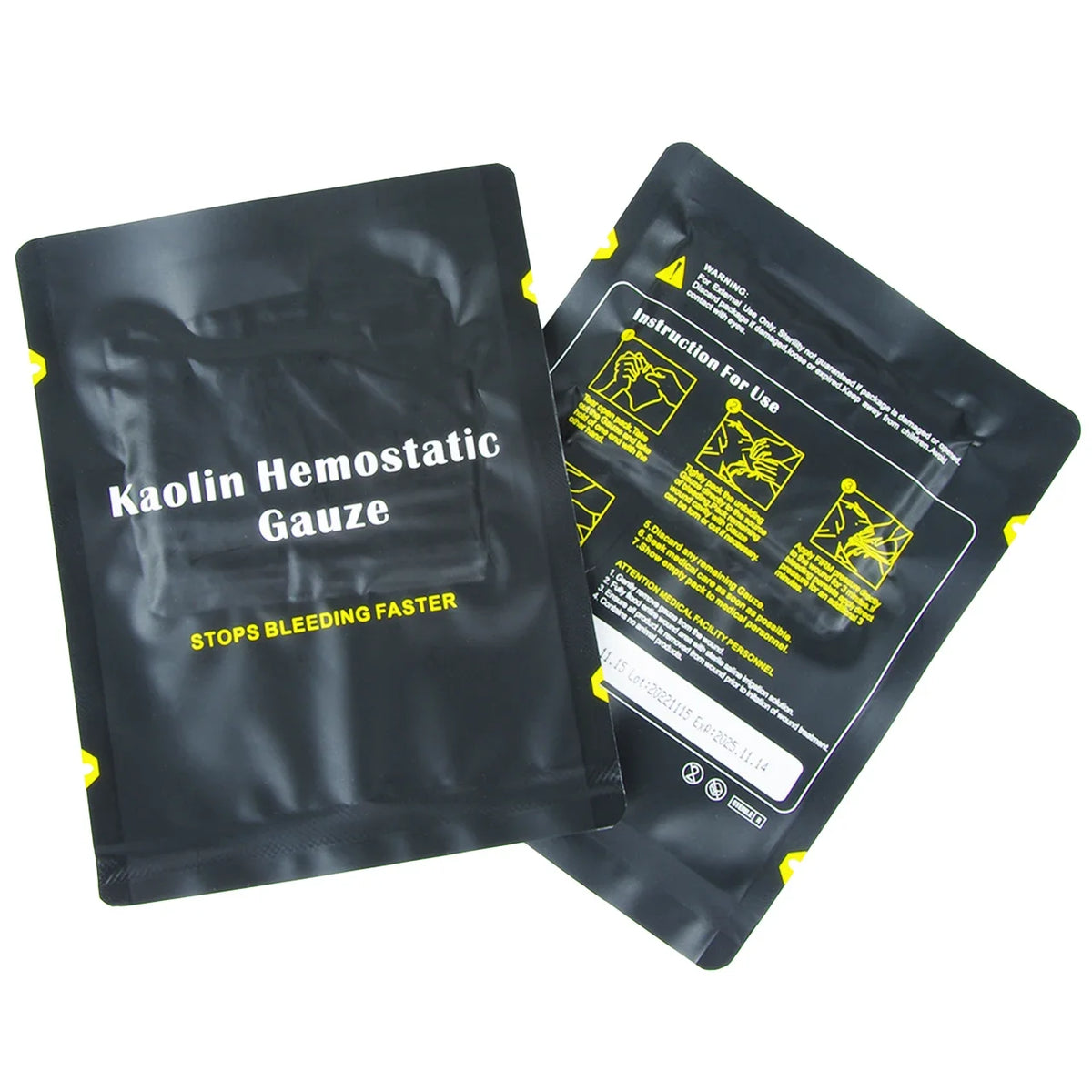 Two packages of Kaolin Hemostatic Gauze with text and warning labels on a white background.