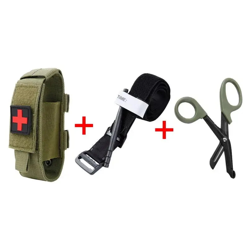 First aid kit pouch, belt, and shears on a white background