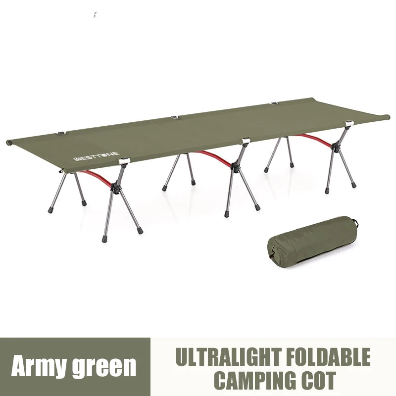 Army green ultralight foldable camping cot with carrying bag on a white background