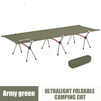 Army green ultralight foldable camping cot with carrying bag on a white background