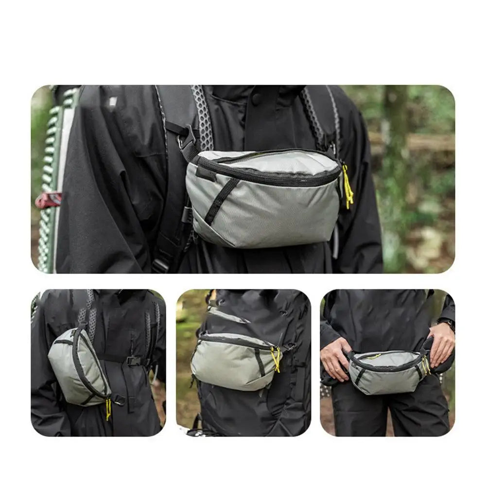 Gray waist bag worn by a person with a forest background