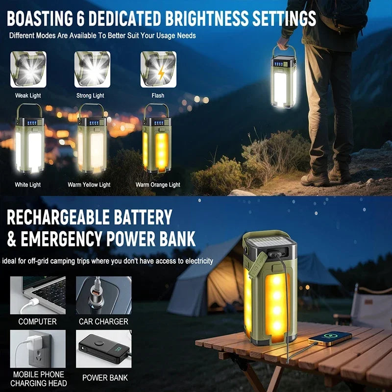 A camping lantern with integrated LED lights and a solar panel, shown in a night outdoor camping scene and in a feature infographic with text about brightness settings and battery power.