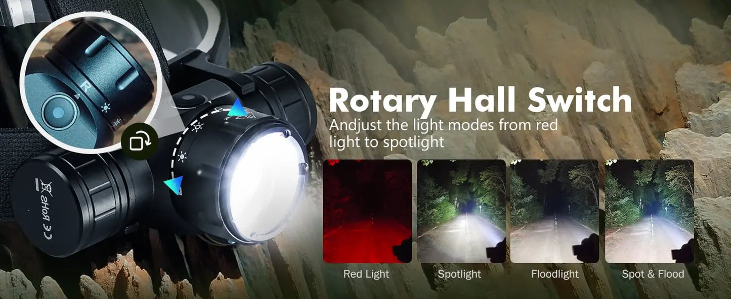 Focusing flashlight with rotary hall switch and light mode options on a rocky background