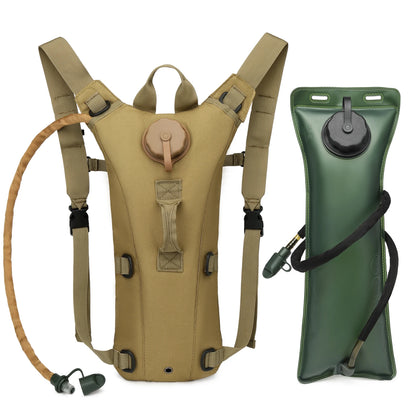 Khaki hydration backpack and green water bladder on a white background