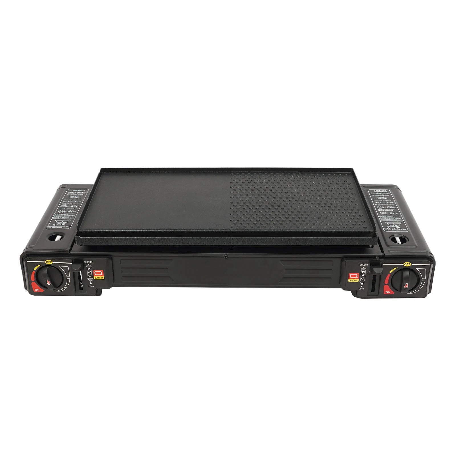 Black griddle with control knobs on a white background