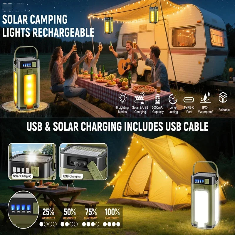 Solar camping lights rechargeable in an outdoor campsite scene with a caravan and people dining under string lights, plus a standalone lantern product shown and feature icons. Text states USB & solar charging includes USB cable.