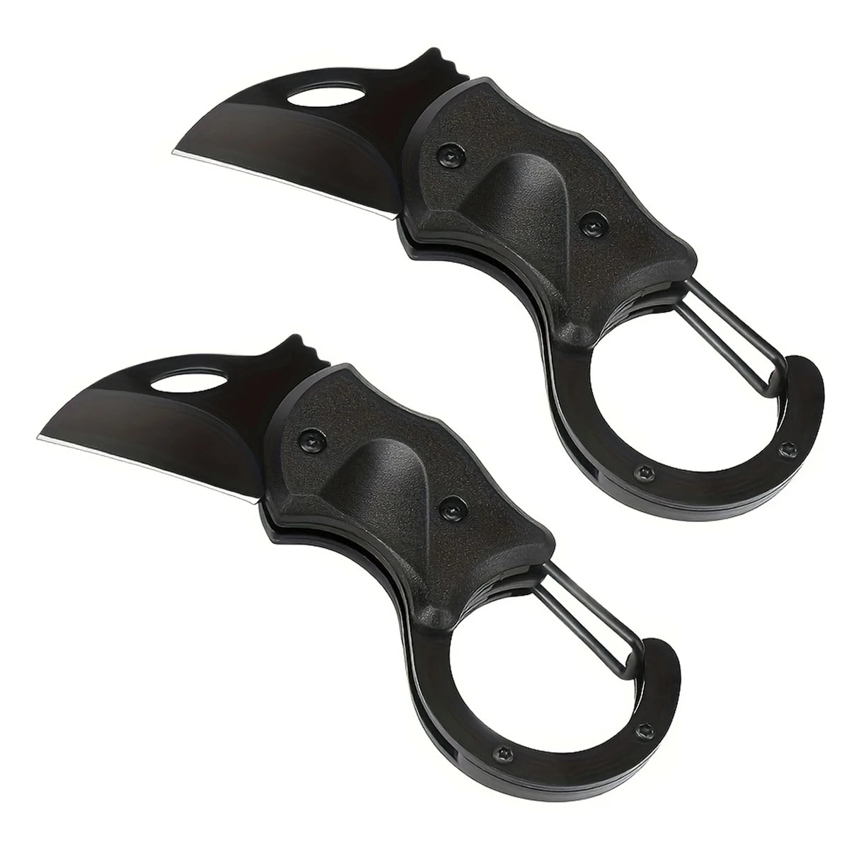 Two black folding knives on a white background