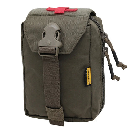 An olive green tactical utility pouch with a front flap secured by a gray plastic quick-release buckle, featuring a red tab on top and a small yellow brand tag on the side.