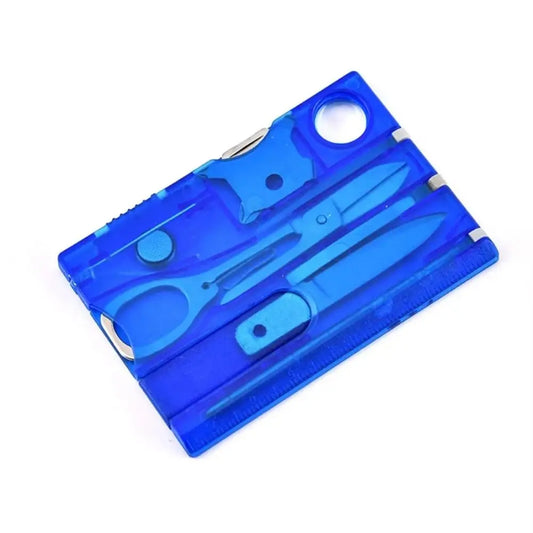 Blue multi-tool credit card with scissors, knife, and other tools on a white background