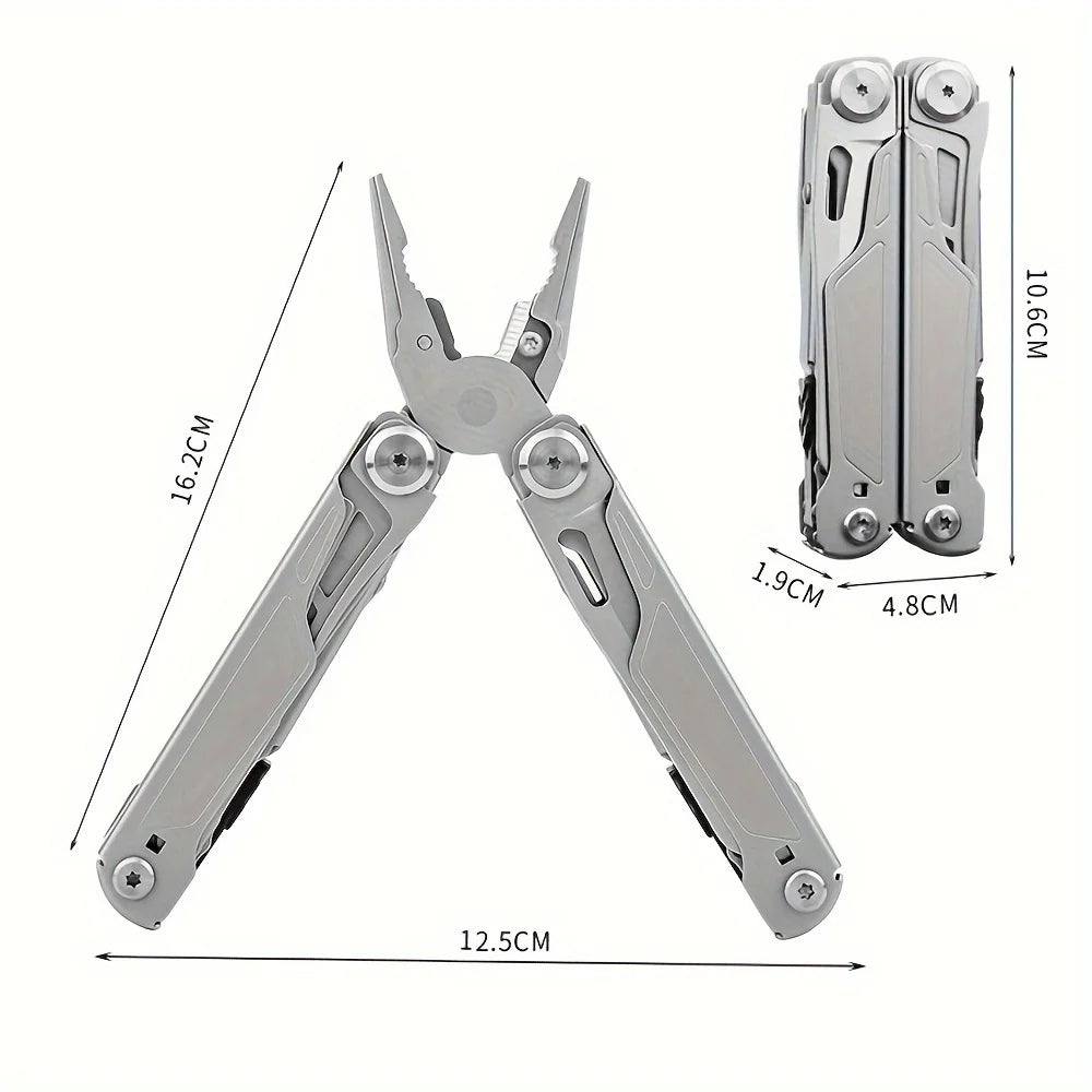 Multitool with measurements on a white background