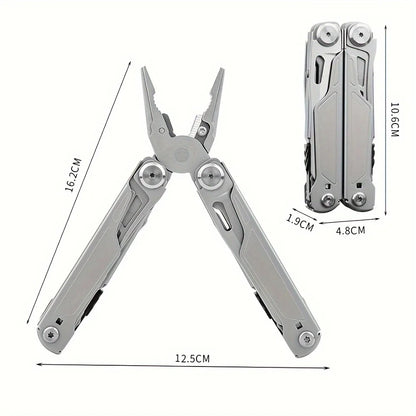 Multitool with measurements on a white background