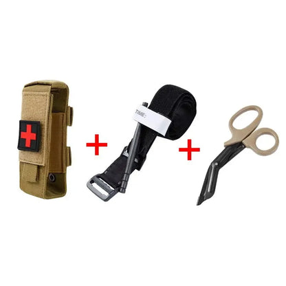 Tactical pouch, belt, and scissors on a white background