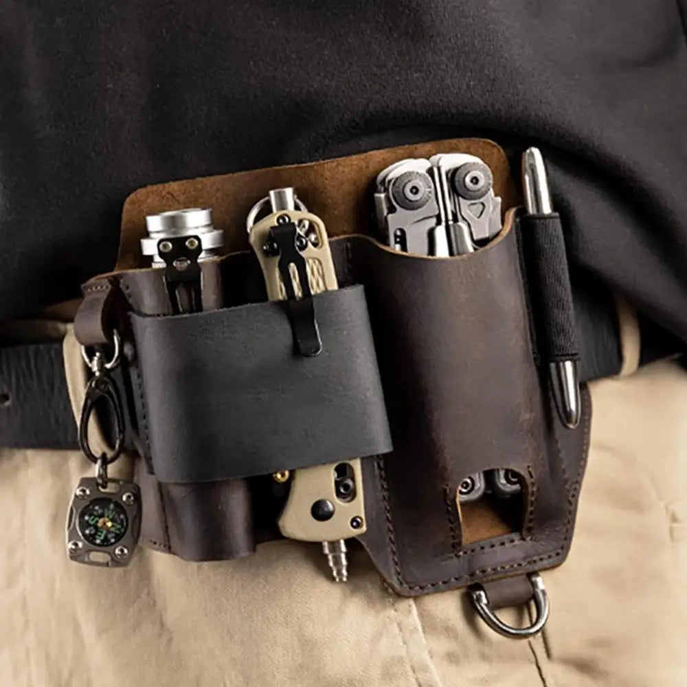Brown leather tool belt with multiple tools worn by a person