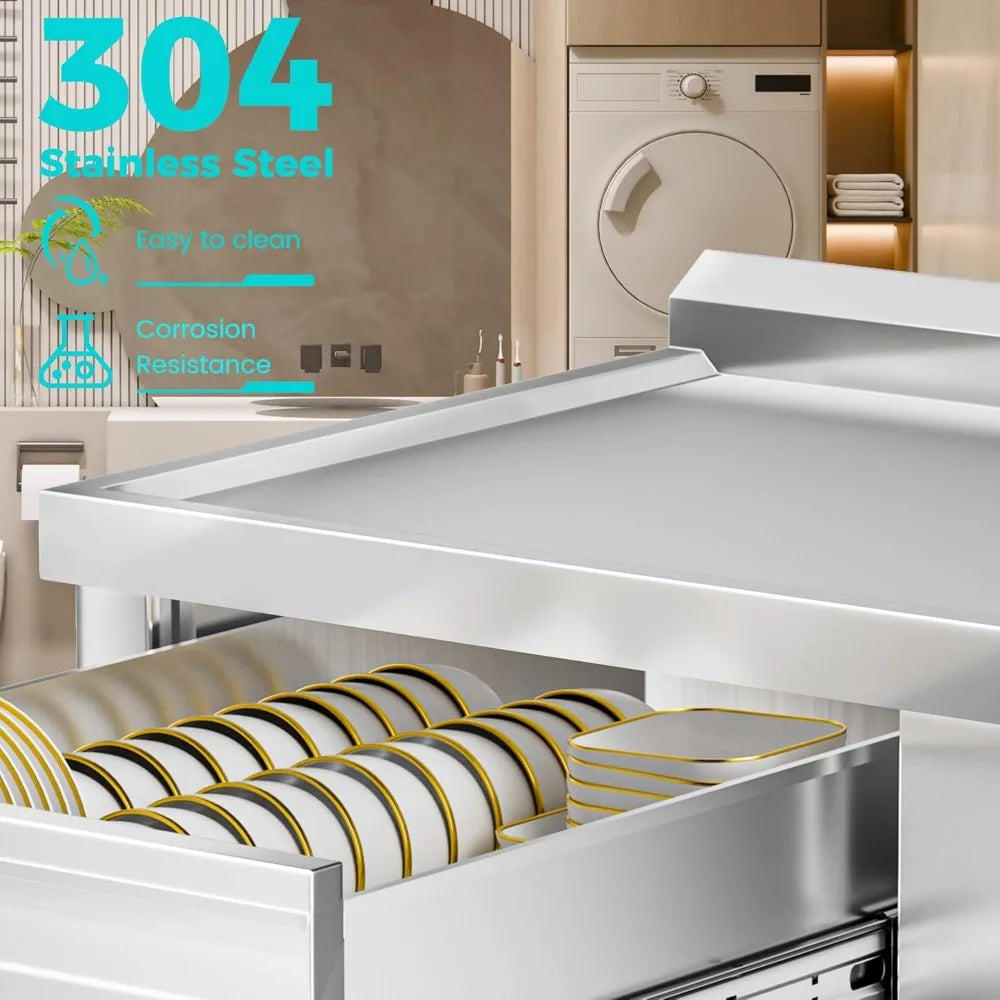 Stainless steel drawer with cutlery in a kitchen setting, emphasizing 304 stainless steel properties.