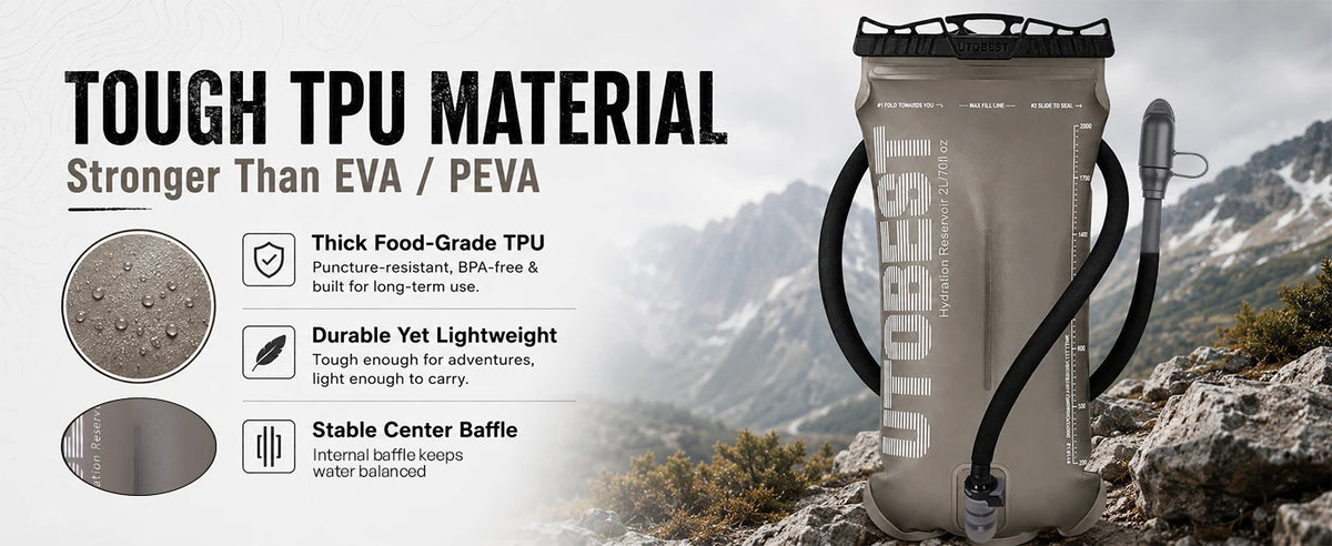 Hydration bladder with mountainous background and text highlighting TPU material