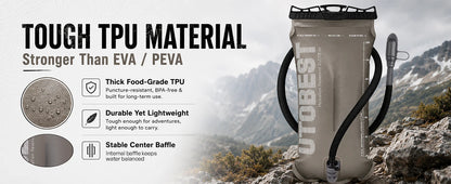Hydration bladder with mountainous background and text highlighting TPU material