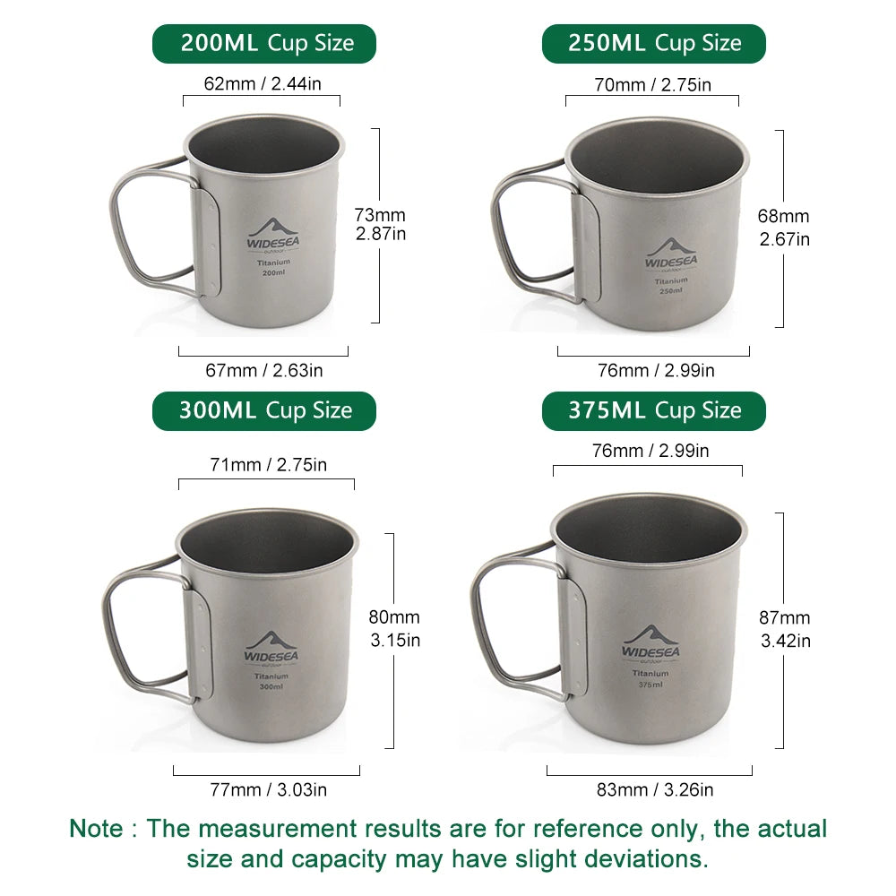 Four stainless steel mugs shown with labeled cup sizes and dimensions: 200ML, 250ML, 300ML, and 375ML. The mugs are arranged in a 2x2 grid on a white background, with green text boxes indicating size and measurement lines showing height and width.