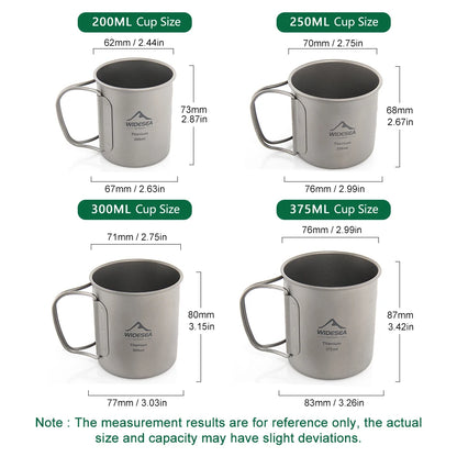Four stainless steel mugs shown with labeled cup sizes and dimensions: 200ML, 250ML, 300ML, and 375ML. The mugs are arranged in a 2x2 grid on a white background, with green text boxes indicating size and measurement lines showing height and width.