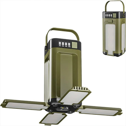 Green camping lantern with multiple panels on a white background