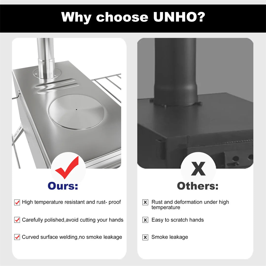 Comparison of UNHO stove components with text highlighting features and drawbacks.