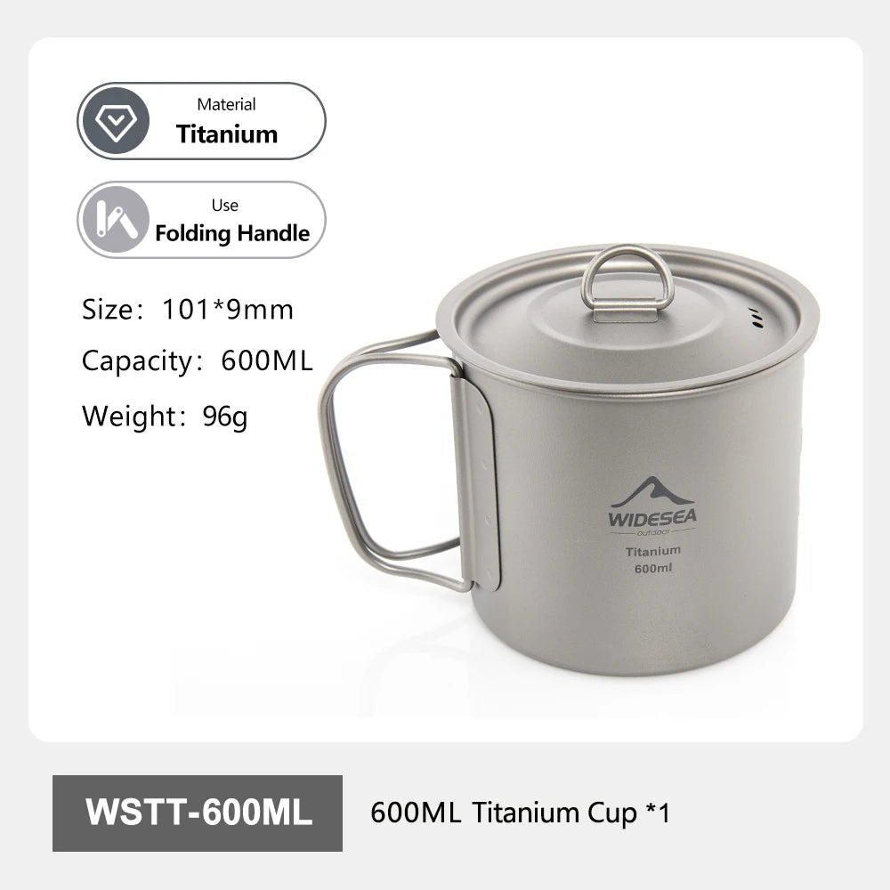 A 600ml titanium camping cup with a lid and folding handle, shown on a white background with product specifications and branding text.