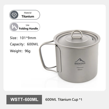 A 600ml titanium camping cup with a lid and folding handle, shown on a white background with product specifications and branding text.