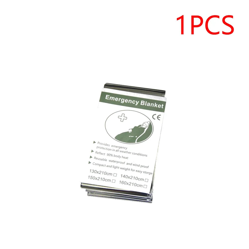 Emergency blanket packaging with specifications on a white background