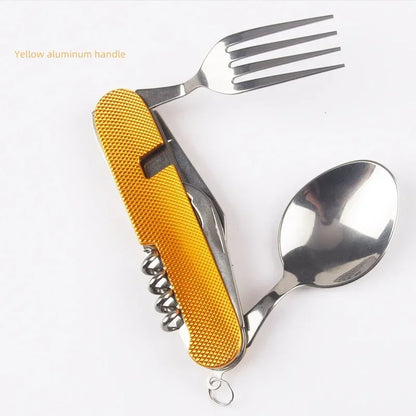 Multitool with yellow handle, fork, and spoon on a white background