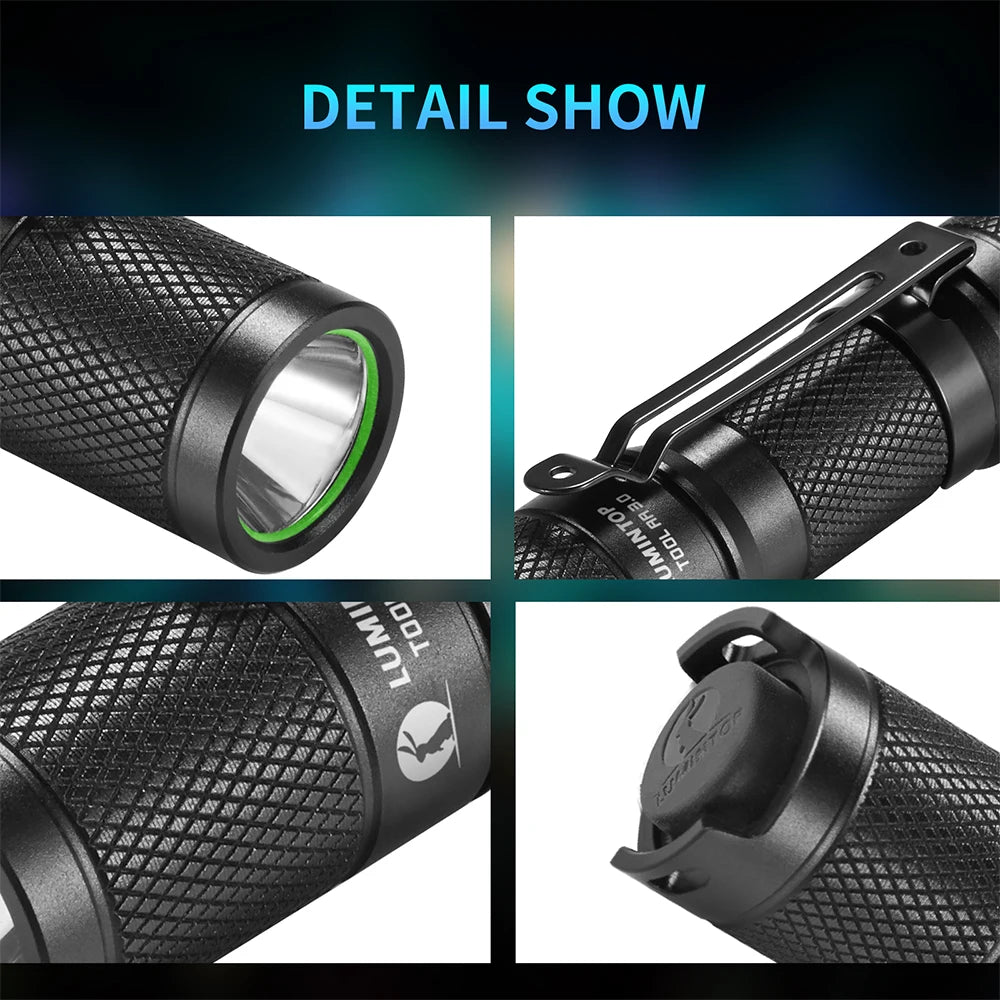 Close-up details of a flashlight with visible branding and design features.