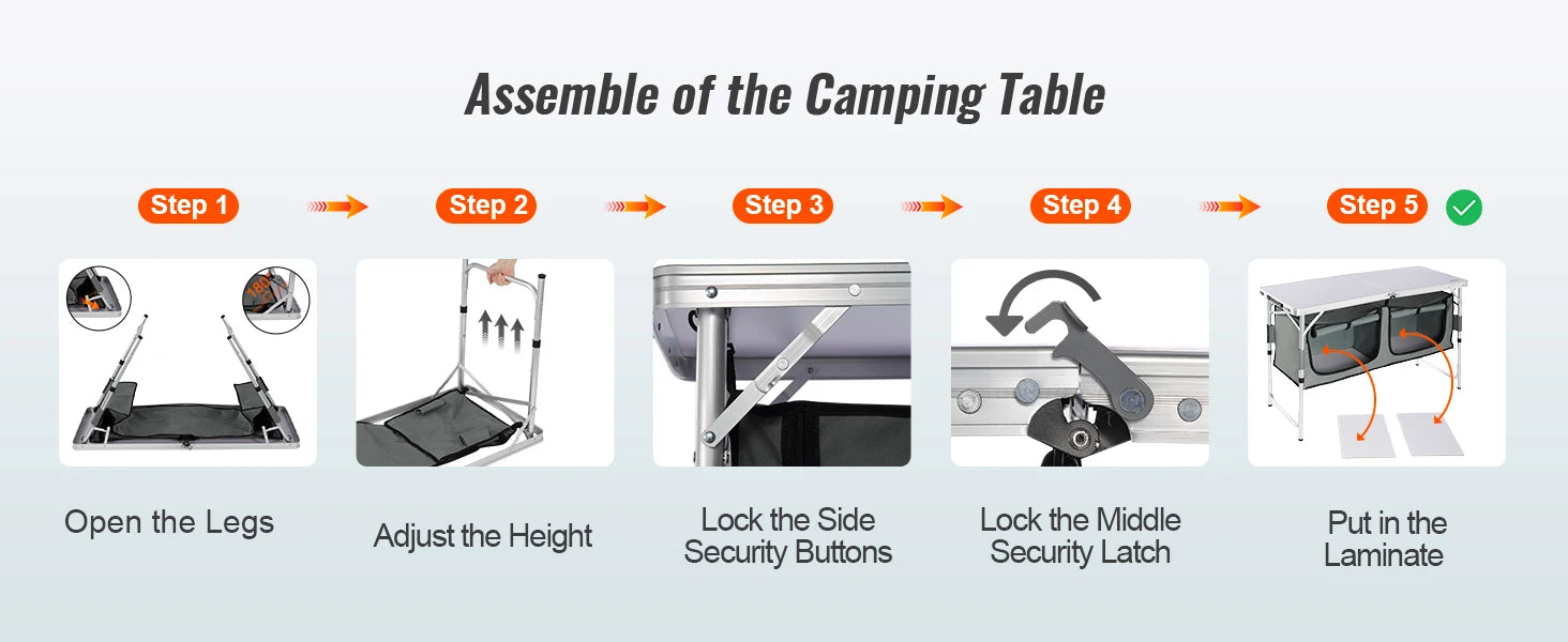 Step-by-step assembly guide for a camping table with icons and text labels.