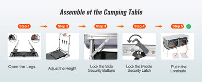 Step-by-step assembly guide for a camping table with icons and text labels.