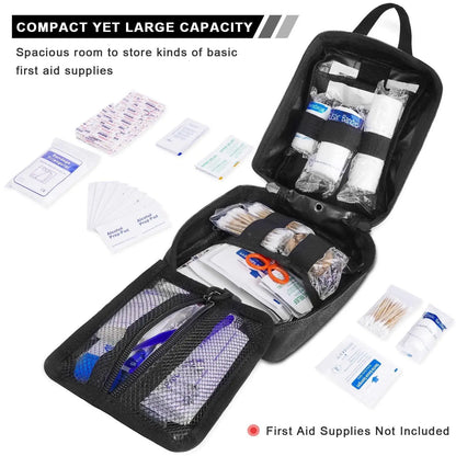 Open first aid kit with various supplies on a white background