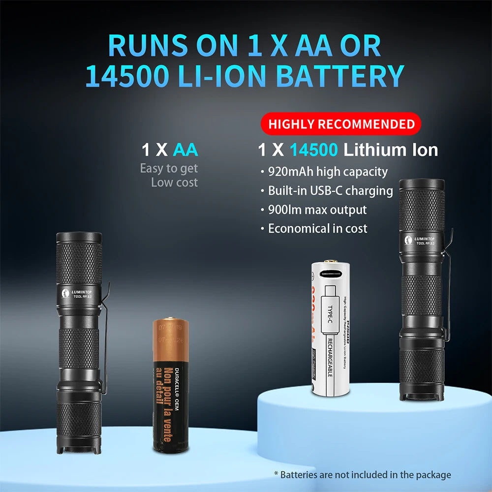 Two flashlights and two batteries on a blue platform with text about battery types and features.