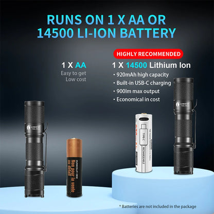 Two flashlights and two batteries on a blue platform with text about battery types and features.