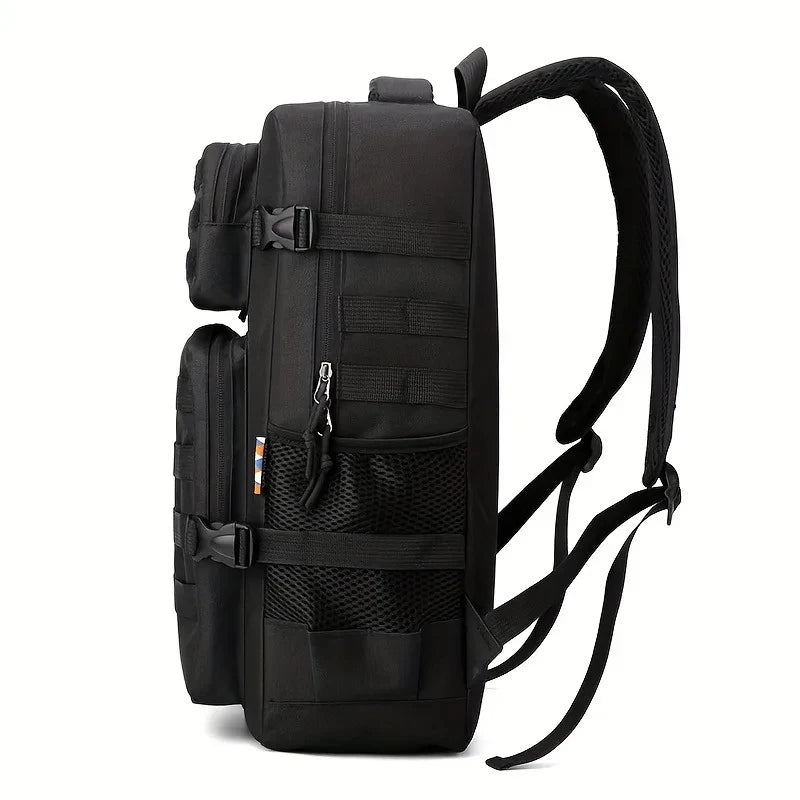 Black tactical backpack on a white background