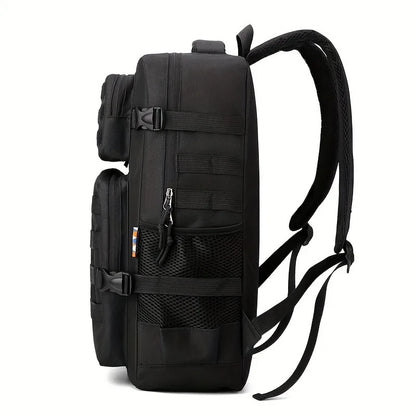 Black tactical backpack on a white background