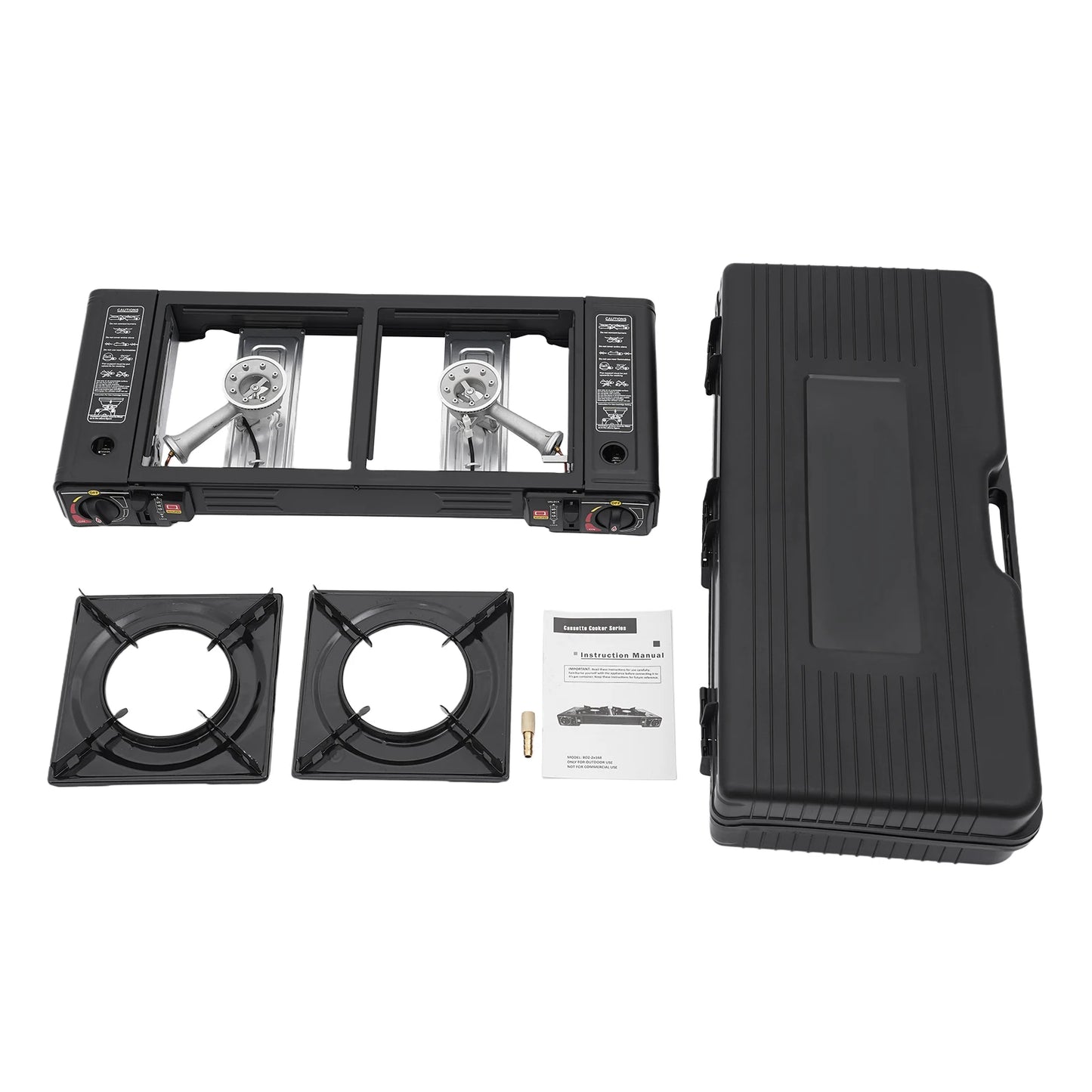 Portable stove kit with two burners, a lid, and a user manual on a white background