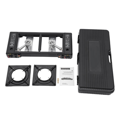 Portable stove kit with two burners, a lid, and a user manual on a white background
