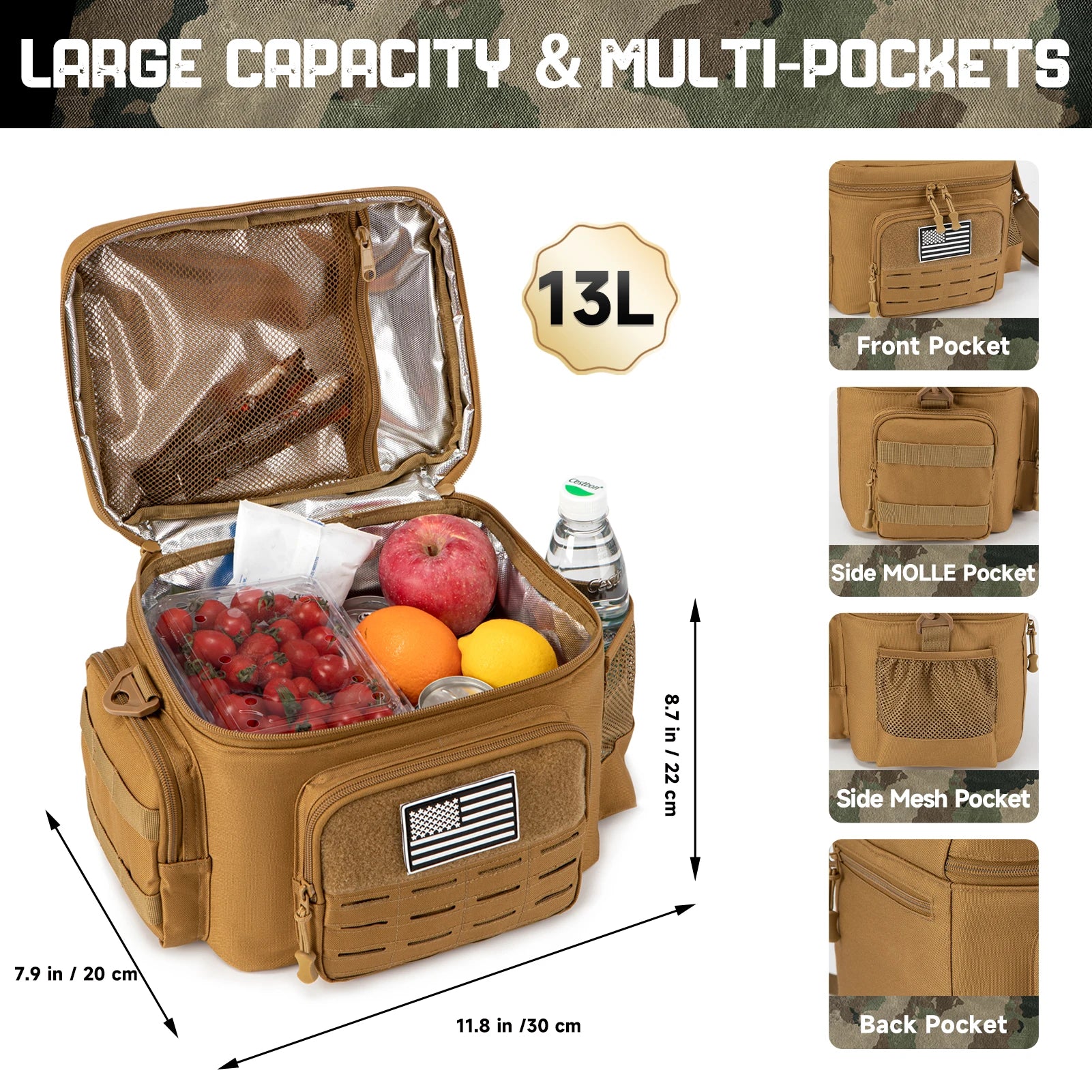 Tactical cooler bag with compartments and food items, labeled '13L' and 'Large Capacity & Multi-Pockets'.