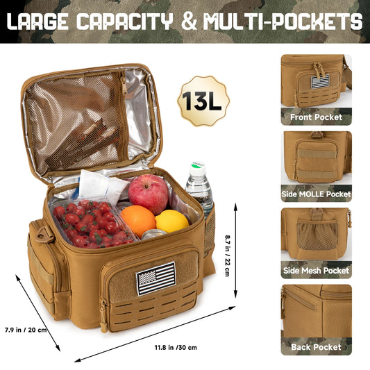 Tactical cooler bag with compartments and food items, labeled '13L' and 'Large Capacity & Multi-Pockets'.