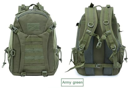 Two green backpacks, one with a side view and the other with a front view, on a white background.