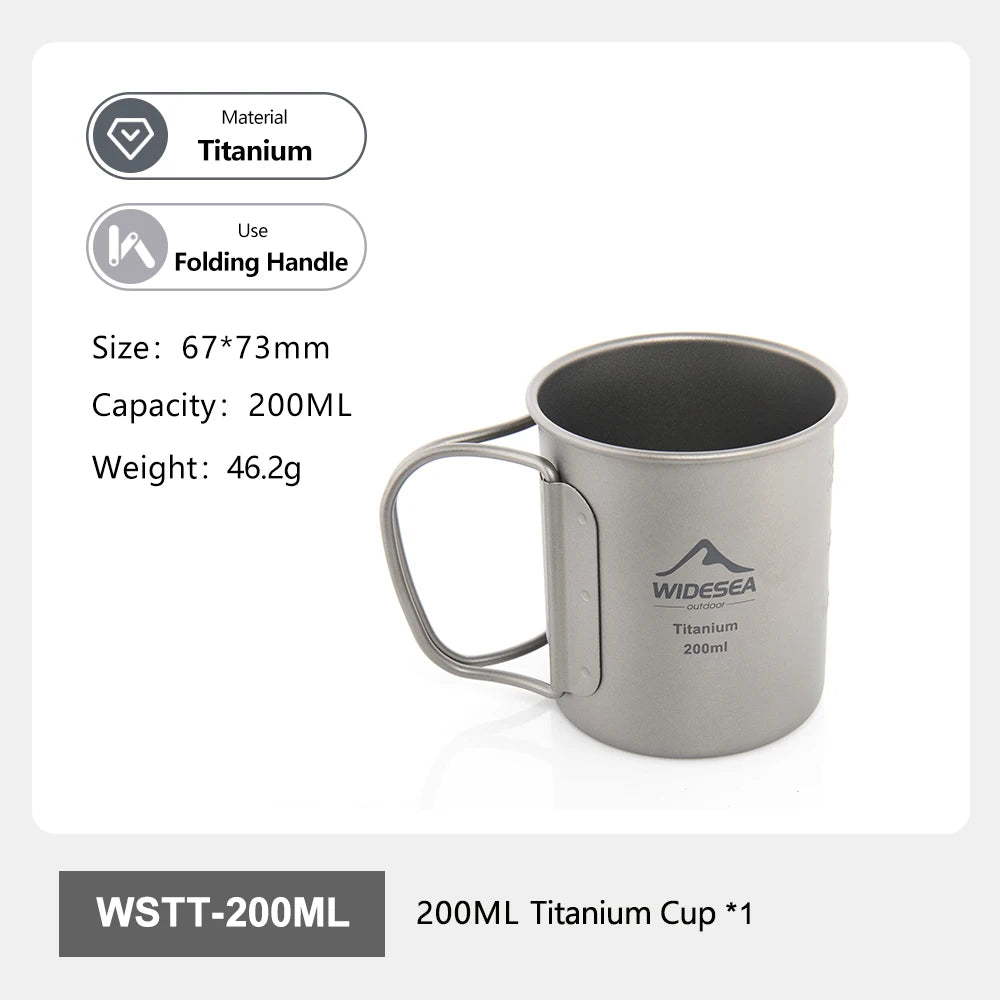 A 200ML titanium folding handle cup by WIDESEA, shown on a white background with product specifications and features listed on the left.