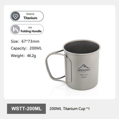 A 200ML titanium folding handle cup by WIDESEA, shown on a white background with product specifications and features listed on the left.