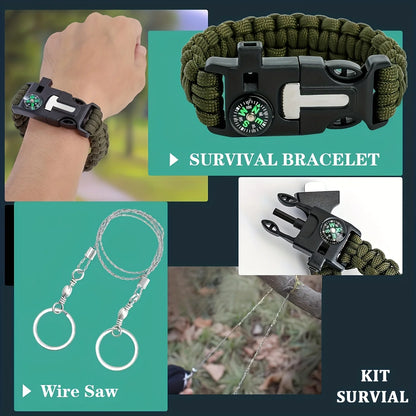 Collage of a survival bracelet with compass and knife, wire saw, and other survival tools on a green background.