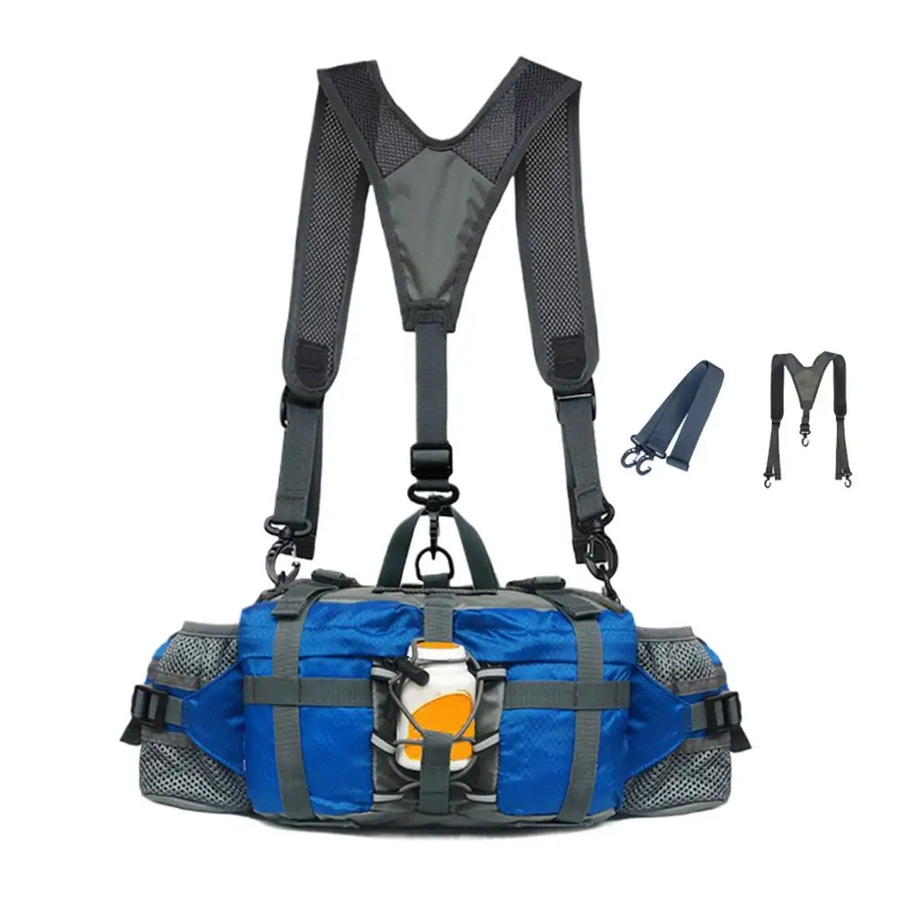 Blue and gray hydration backpack with a shoulder harness, shown on a white background with two included strap variants on the right.