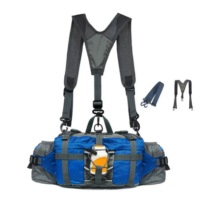 Blue and gray hydration backpack with a shoulder harness, shown on a white background with two included strap variants on the right.